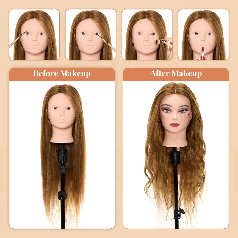 Mannequin Head with 80% Real Human hair- 28" Hair Mannequin Heads for Make up, Braiding Hairdressing Doll Head for Styling with Table Clamp + DIY Hair Styling Set