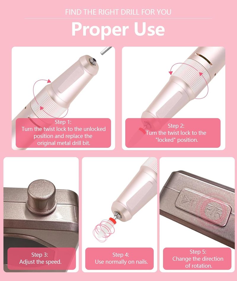 Professional Nail Drill - High Torque 35000 RPM Electric File for Acrylic & Gel | Portable Rose Gold Manicure Tool