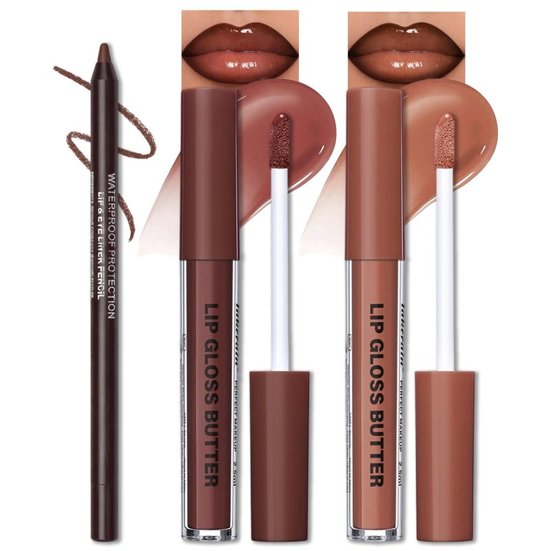 Erinde Lip Liner and Gloss Set, 2 Colors Nourishing Lip Gloss & Brown Lip Liner Combo Sets, Non-Sticky Plumping Lip Kit for Women, Lightweight Long Wear, Natural Nude Tinted Lip Glow Oil, SET B