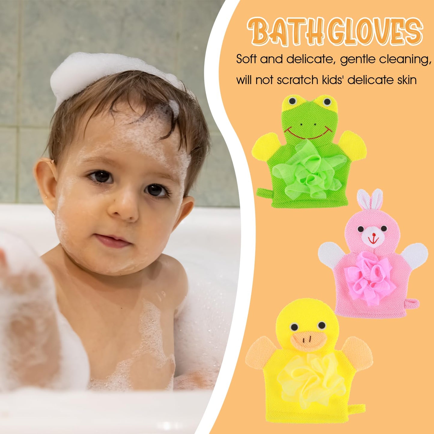 Qianyu 3pcs Bath Mitt Washcloth Glove Exfoliating Glove Body Scrubber Cute Cartoon Design Exfoliating Glove Gentle Soft Scrub Loofah Bath Sponge for Kid Shower Washing Easy Lather (Yellow/Green/Pink)