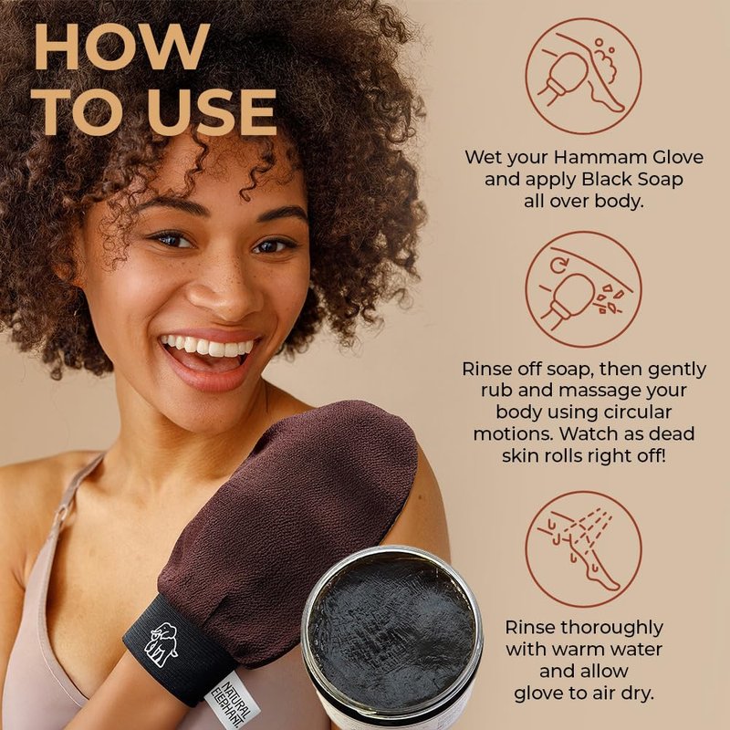Natural Elephant Exfoliating Hammam Glove | Authentic Moroccan Kessa Body Scrub Mitt for Spa-Quality Skin Renewal | Pure Black 3 Pack