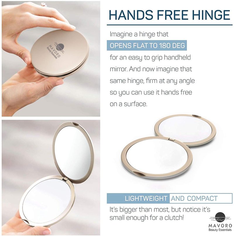 Mavoro Magnifying Compact Mirror - 1x/10x Magnification | 4" Double-Sided Travel Makeup Mirror in Champagne Gold