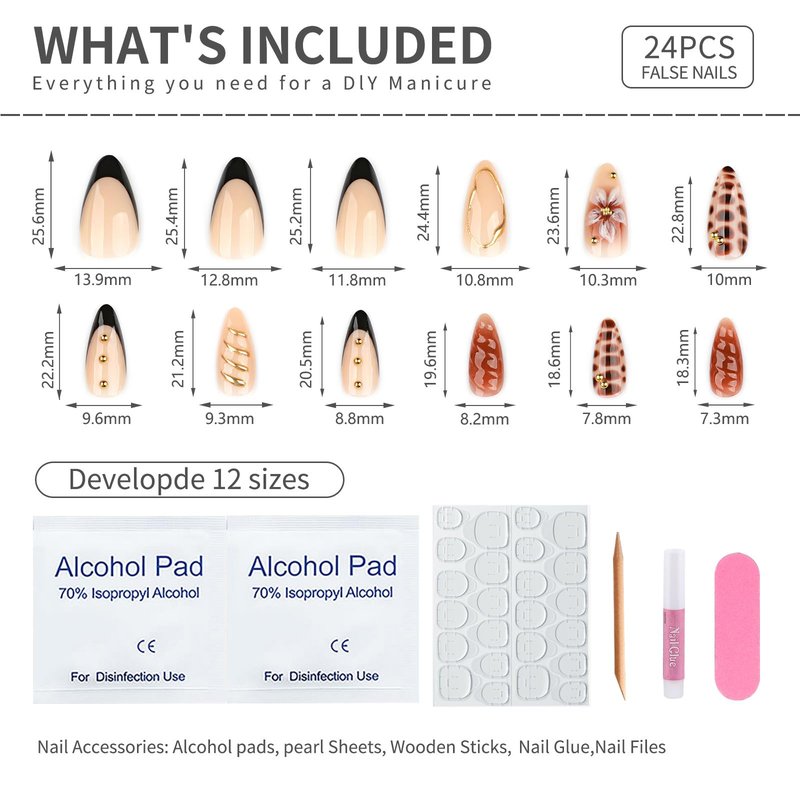 Mivota Brown Soft Gel Press On Nails 24PCS – Mixed Texture Almond Fake Nails with 3D Flower Design, Gold Edge & Snake Pattern, Glossy Reusable Glue On Nails for Women, Trendy Fall Nail Tips