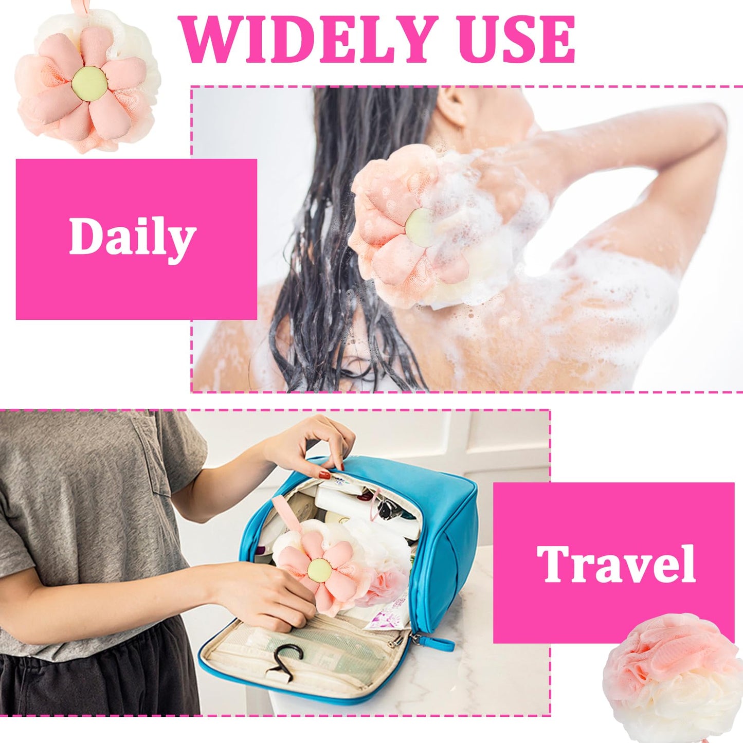 2PCS Cute Flower Bath Sponges Loofah Mesh Pouf Body Scrubber Exfoliating Shower Sponge for Women Shower Puff Soft Loofah Sponge Ball Bath Sponge for Sensitive Skin in Beauty Bathing Accessories