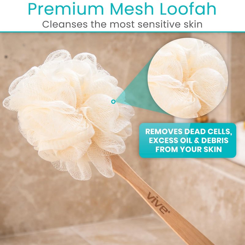 Vive 17” Shower Loofah with Long Handle - Exfoliating Back & Body Scrubber for Men & Women - Luffa Sponge on a Stick for Bathing, Cleaning - Includes Extra Handheld Lufa, Hook & String to Hang on Wall