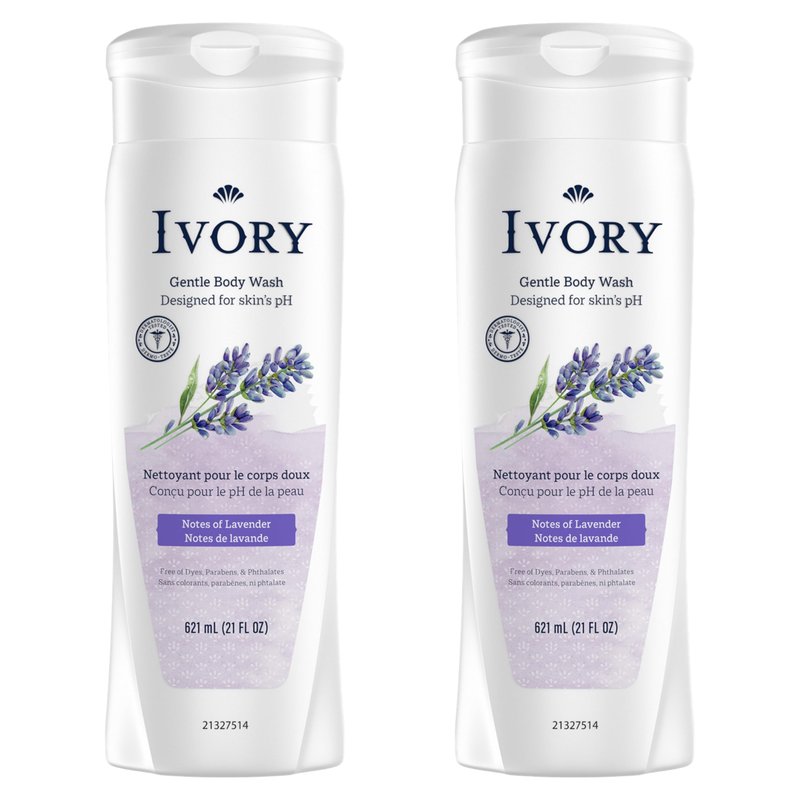 Ivory Body Wash, Designed for the Whole Family, Gentle Formula, Free of Dyes Heavy Perfumes Parabens Phthalates & Silicones, Lavender Scent, 21 oz (Pack of 2)