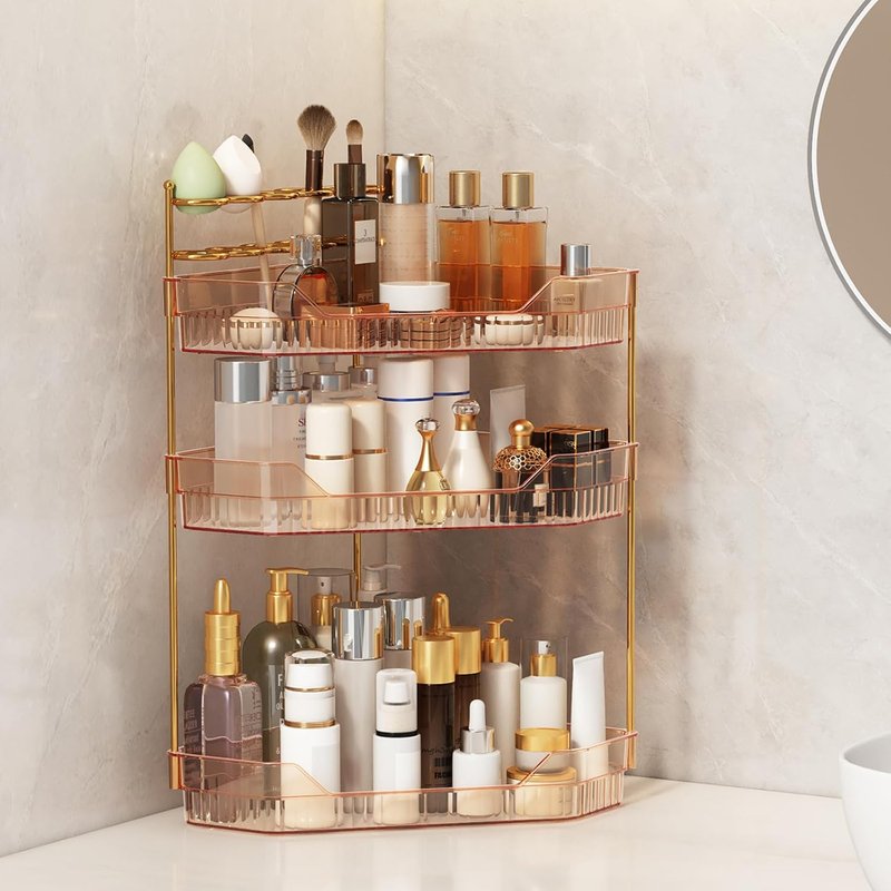 Corner Bathroom Counter Organizer - Acrylic Makeup & Toothbrush Holder | 3-Tier Amber Skincare Storage