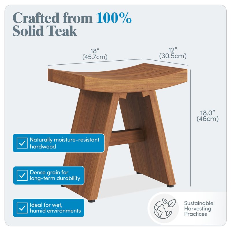 AquaTeak The Original 18" Asia Teak Shower Bench - Shower Stool for Bathroom - Durable Water Resistant Shower Chair - Shaving Foot Rest - Indoor & Outdoor Use