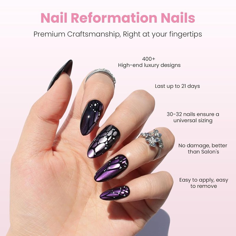Press On Nails - Purple Mariposa Medium Almond Fake Nails | Glossy Finish with Cat Eye & Butterfly Wing - 30 Reusable Stick-On Nails in 15 Sizes