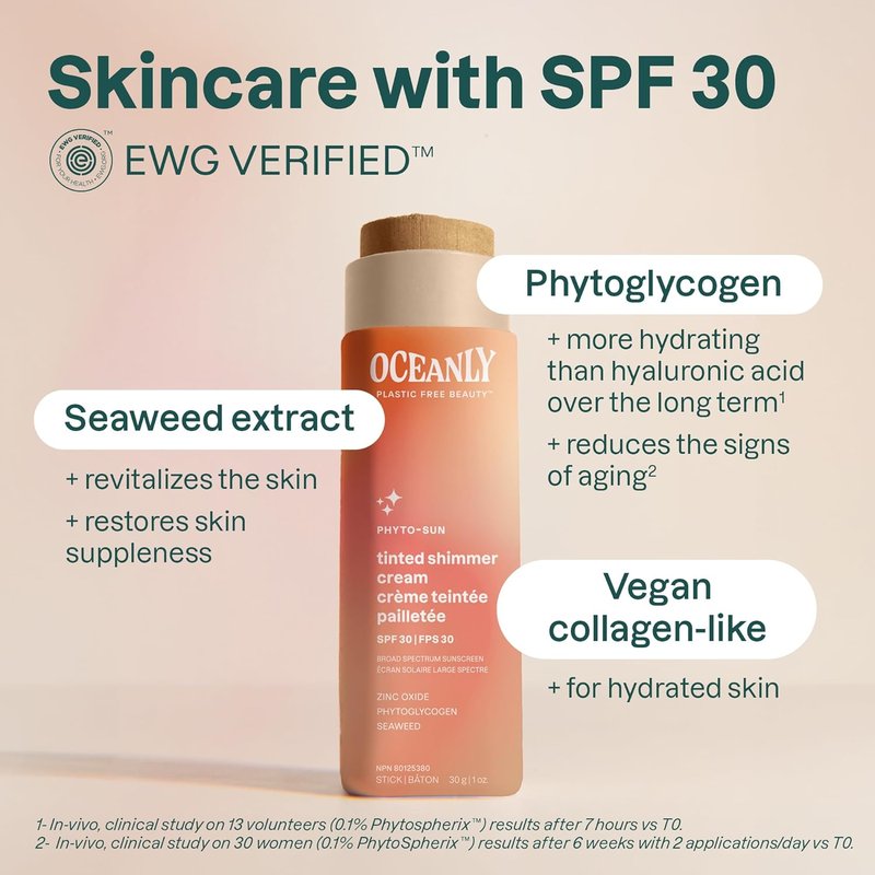 ATTITUDE Oceanly Tinted Shimmer Face Cream Stick - SPF 30, EWG Verified, Plastic-Free, Universal Tint, 1 Ounce