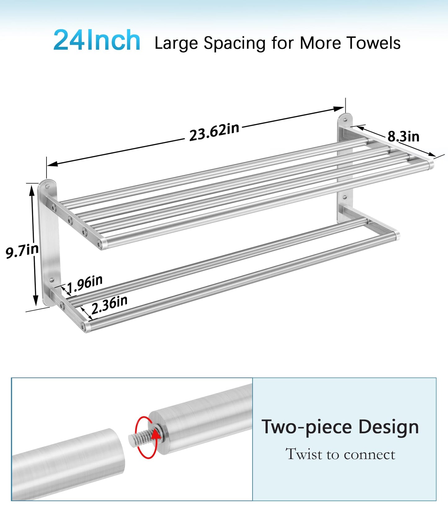 VOTZAAQ Towel Racks for Bathroom - 24 in Bath Towel Shelf with Double Towel Bar, Stainless Steel Towel Storage for Lavatory Wall Mounted, 2-Tier Towel Hanger Towel Holder, Brushed Nickel