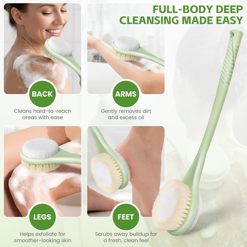 CYMPHW Back Scrubber for Shower with Long Handle, Dual-Sided Bath Brush with Soft Bristles & 150D Exfoliating Cloth, Anti-Slip Grip, Lightweight Back Washer for Shower, Men & Women (Green)