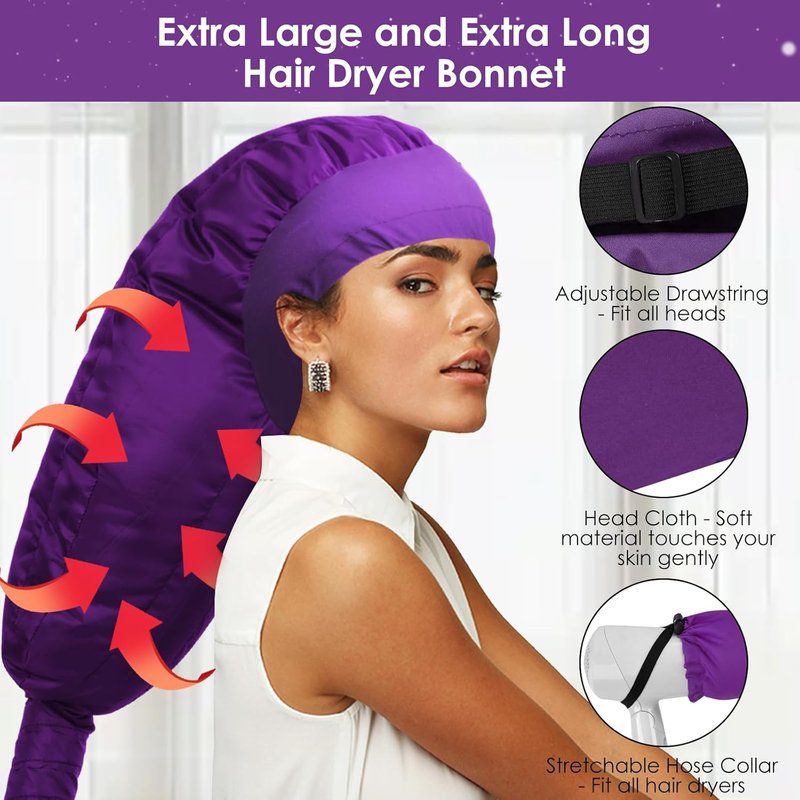 Hair Dryer Bonnet Attachment - Extra Large Adjustable Hooded Cap for Curly Hair Care | Fast Drying - Purple