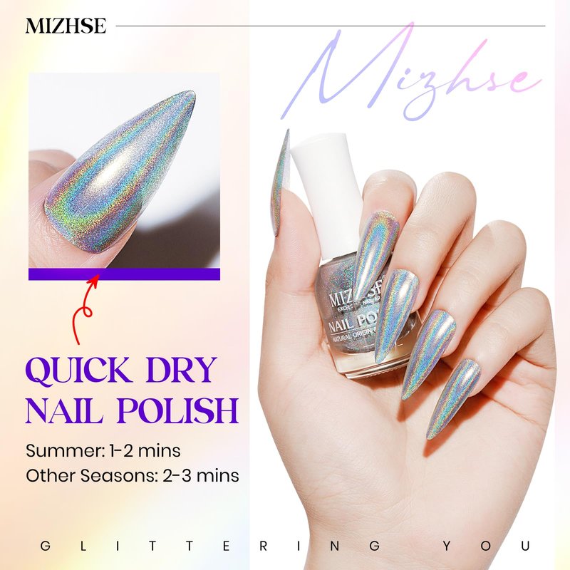 MIZHSE Holographic Nail Polish, Silver Glitter Nail Polish Air Dry Fast, 15 ml 0.5 fl oz High Glossy Shiny Nail Pigment Oil-based Laser Iridescent Nail Lacquer Chrome Halo Nail Art Salon Manicure Home