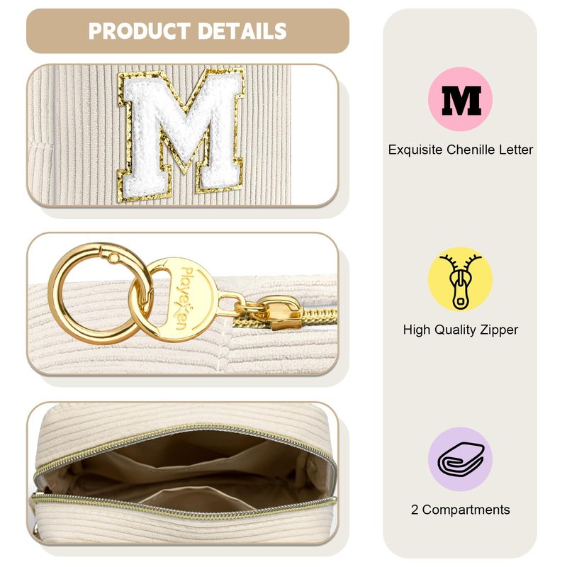 Playexen Small Initial Makeup Bag, Beige Corduroy Personalized Cosmetics Bag with Ring Buckle, Monogram Cute Travel Toiletry Pouch Purse, Birthday/Wedding/Party Gifts (Letter S)