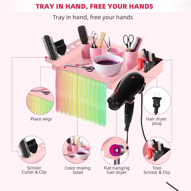 Extension Salon Tray Hair Extension Cart Tray Pink Multi-Function Extensions Rolling Tray with Blow Dryer Holder and Storage Platform