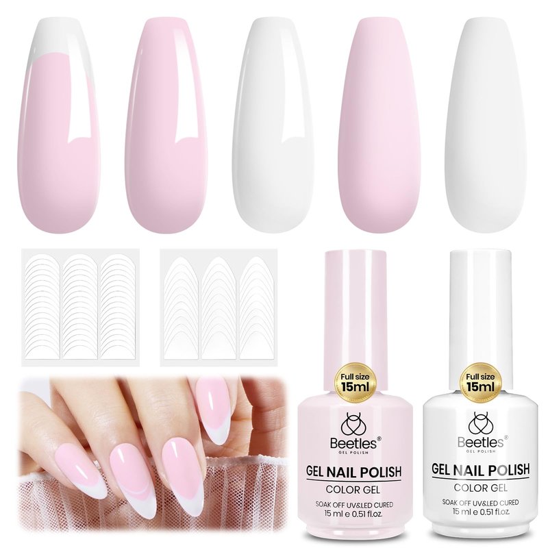 Beetles French Tip Gel Polish Set - Spring White Pink Gel Nail Polish Set 15ML Full Size Soak Off UV LED with 2 Styles Classic French Nail Art Sticker Sheets Manicure DIY Home Salon Gifts for Women