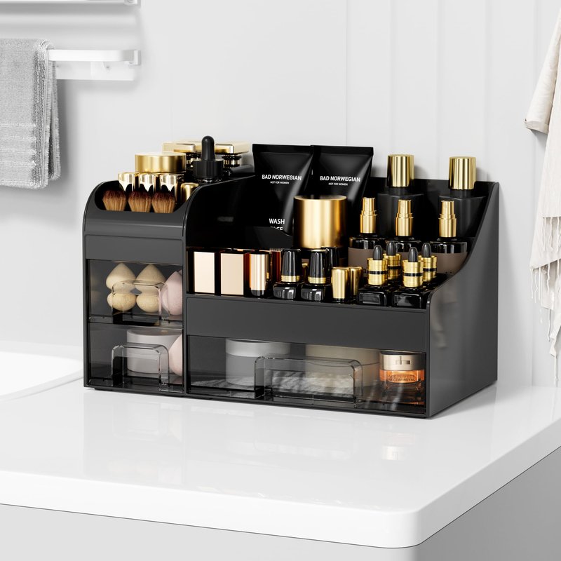 Mriluvy Makeup Organizer with Drawers,Large Cosmetic Storage Box,Countertop Skincare Organizer,ABS Makeup Brush Holder for Bathroom,Desk,Dresser,Multifunctional Beauty Display Case,Black transparent