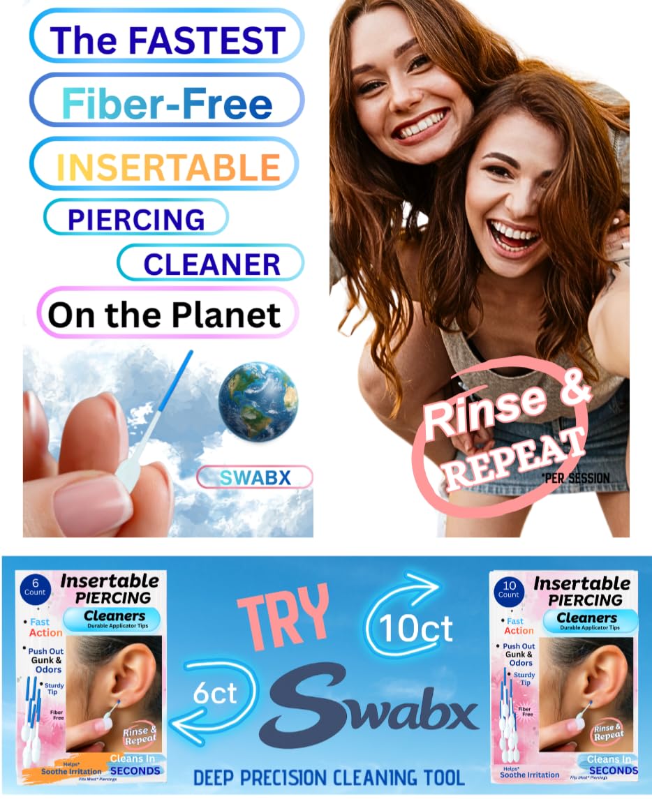 Insertable Piercing Cleaners Sturdy Tips Push Out Gunk, Odors; Cleans in Seconds Multiple Piercings. Soothe Irritation One Swipe Right Through Easy Use for Maintaining Piercings By SWABX - 2 Count