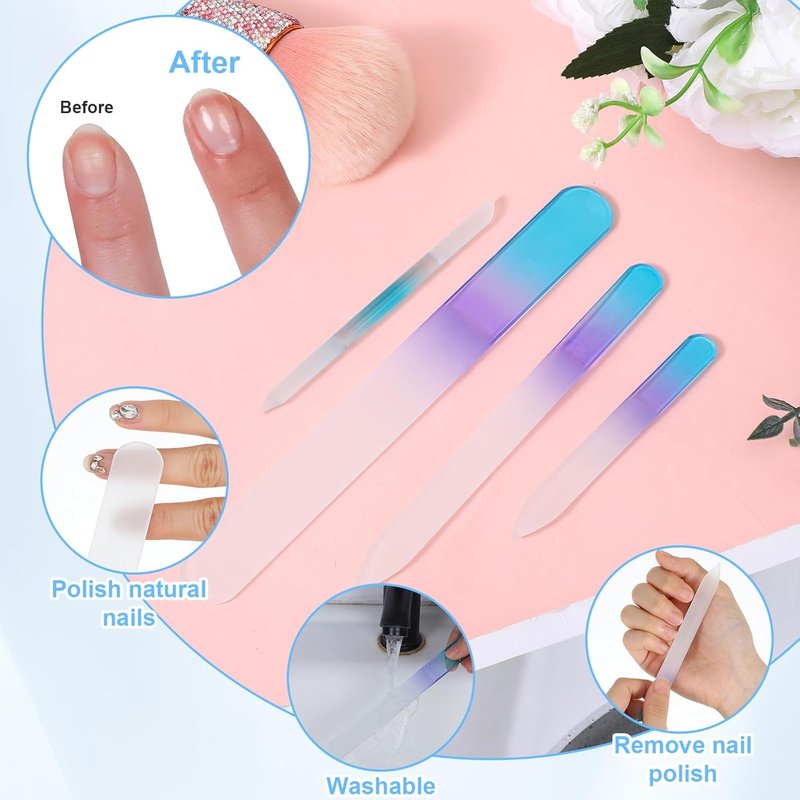 Glass Nail File Set - 4 Pcs Double-Sided Crystal Buffers & Cuticle Pushers | Gradient Blue Manicure Tools