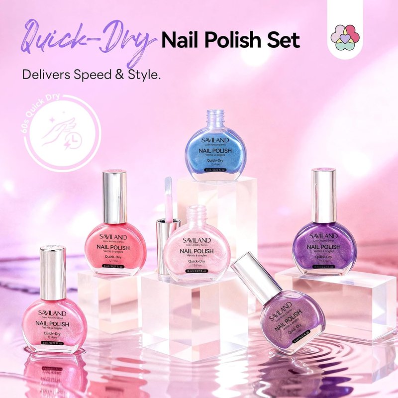 SAVILAND Pearl Nail Polish Set: Quick Dry 12-Free Aurora Summer Nail Polish 6 Shimmer Purple Pink Blue Colors Fingernail Polish Set Vegan Nail Toes Lacquer DIY Nail Art Home Use Christmas Gift Women