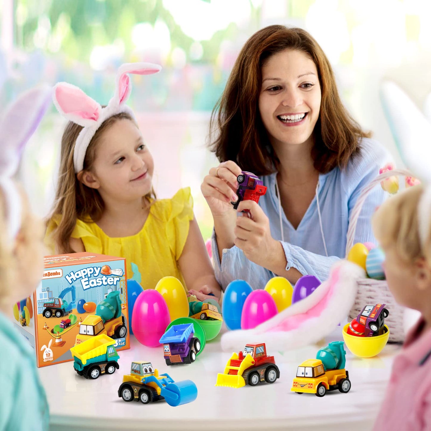 ZenBombs Easter Eggs Plastic Filled with Pull-Back Engineering Toys Gift for Easter Eggs Hunt, Birthday Party for Kids Over 3 Years Old 12-Pack