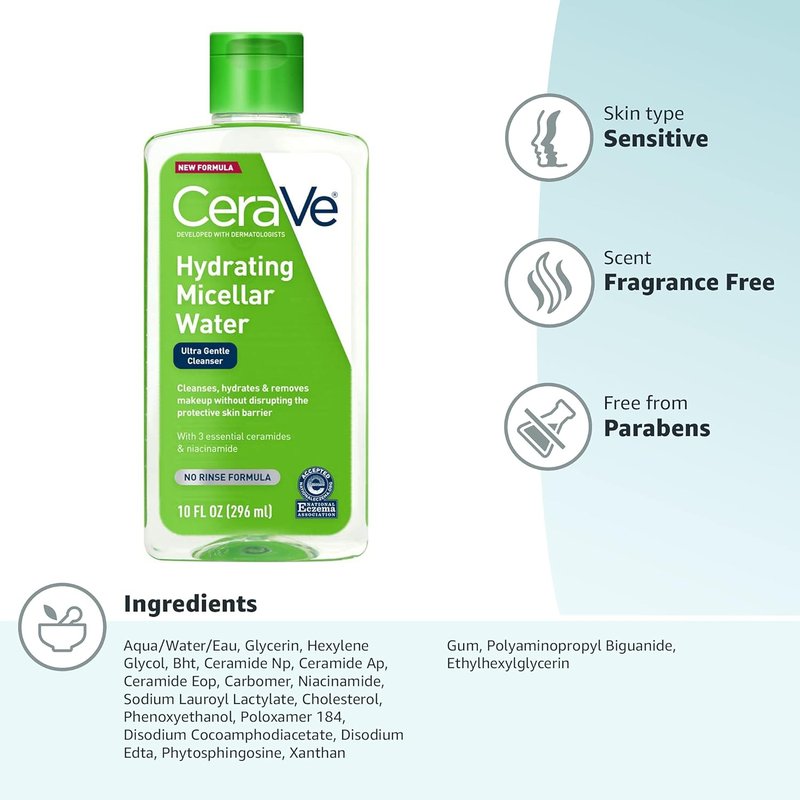 CeraVe Micellar Water - Hydrating Facial Cleanser & Eye Makeup Remover with Niacinamide | 10 Fl Oz