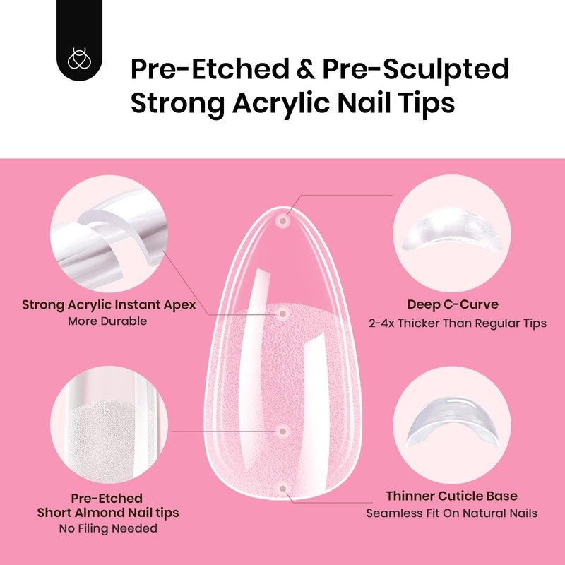 Beetles Tipex Instant Apex Nail Tips Kit, Almond Short, 224Pcs 16 Sizes, with Tipex UV Nail Glue Mini Nail Lamp,Pre-Building & Pre-Etched Thicker Acrylic Nails False Nail Extension