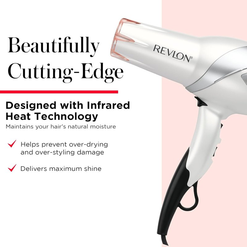 Revlon Infrared Ionic Hair Dryer - Tourmaline Technology for Frizz Control | 1875W, 2 Speed Settings, Diffuser Included