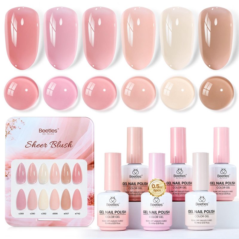 Beetles Sheer Blush Nude Gel Nail Polish Set - 6 Colors 15ML Full Size Nude Pink Brown Neutral Jelly Gel Polish Kit Sheer Translucent Effect Soak Off UV Nail Art Design Manicure Gift for Women
