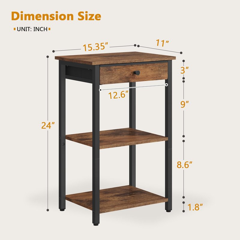 Gewudraw Printer Stand with Storage Drawer, 3-Tier Under Desk Printer Table, End Table for Home Office, Living Room, Bedroom, Brown
