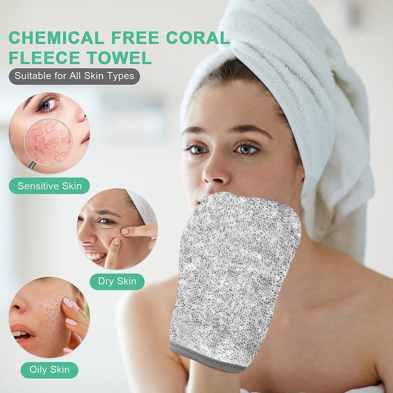 PHOGARY 6 Grey Bath Mitts Washcloths, Small Hand Towels with Hanging Loop, 5"x8" Super Absorbent Soft Coral Fleece Face Towels Kids Teens Adult Body Facial Cloths Machine Washable Cloth for Showering