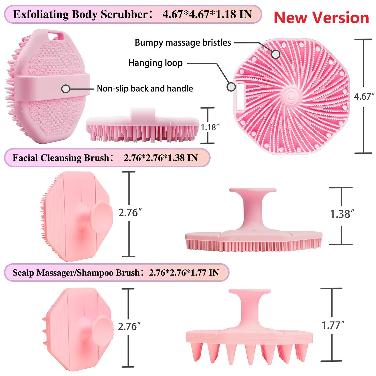 3 Soft Silicone Skin Scrubbers - Body Scrubber Exfoliating Brush Bath Shower Tool, with Gentle Manual Face Cleansing Wash Scrubber, with Hair Scalp Massager Shampoo Brush (Pink)