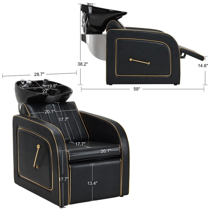 BarberPub Backwash Shampoo Chair and Bowl Set, Adjustable Porcelain Ceramic Wash Bowl Sink Unit, Luxurious Shampoo Station Chair for Spa Beauty Salon Hair Salon 9175 (Luxurious, Black)