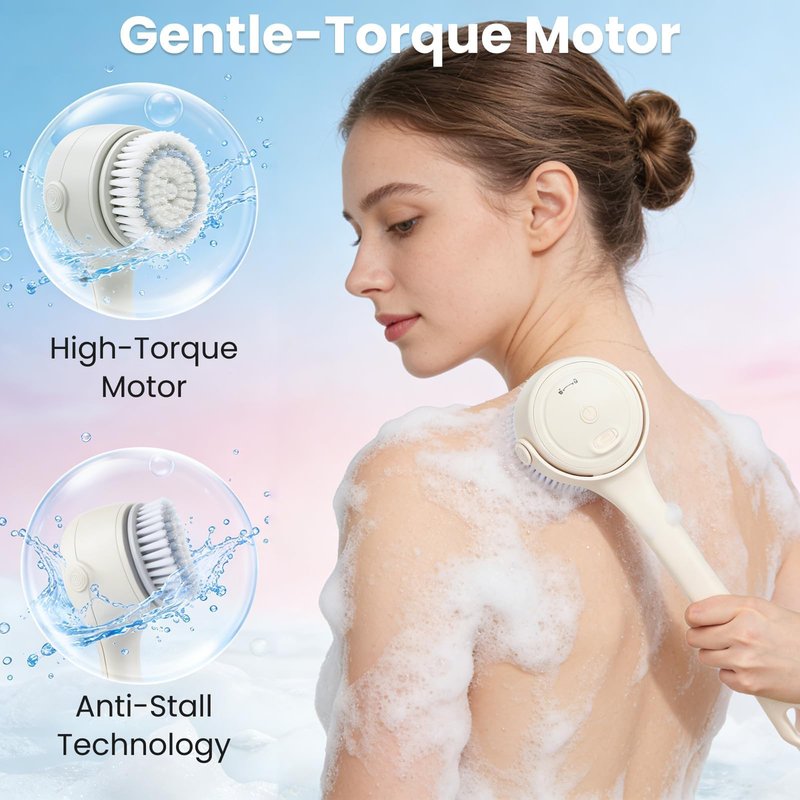 Electric Back Scrubber for Shower, Waterproof Body Brush with 4 Replacement Heads & Auto-Lock & Long Handle, 3-Speed Rechargeable Power Back Scrubber for Exfoliating & Deep Cleaning & Skin Massaging