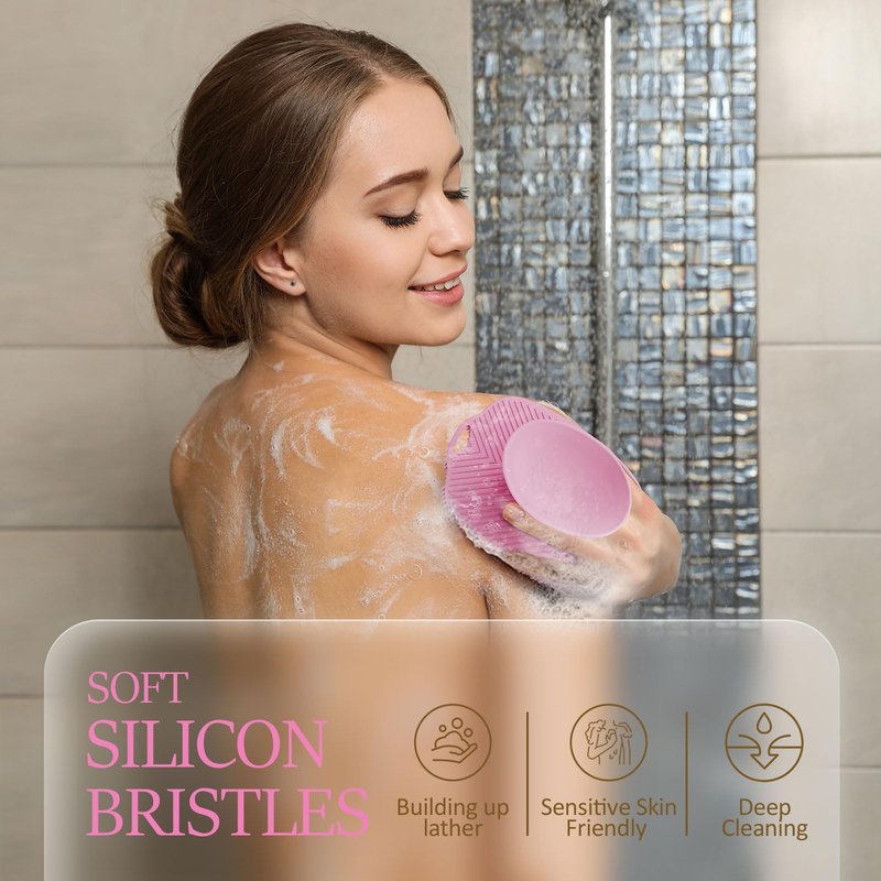 ARIOSOX, Soft Silicone Body Scrubber, Gentle Like a Hand Exfoliating Your Skin and Build Up Lather Easily, Back Large Suction Cup Easy to Store, Long-Lasting & Deep Clean (Pink)
