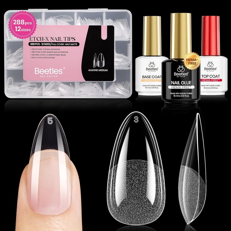 Beetles Gel Nail Kit - Medium Almond 288pcs | HEMA-Free Nail Glue, Top Coat & Base Gel Set for DIY Extensions