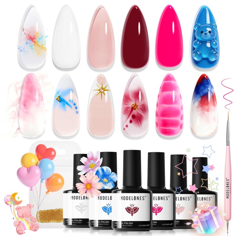 Modelones Gel Nail Polish Set - 6 Vibrant Colors for Summer | Hot Pink, Blue, Milky White & More with Nail Art Tools