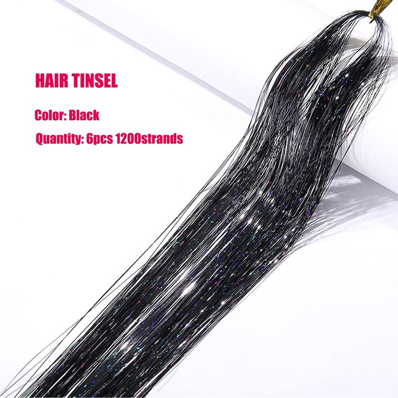 Skiennix Black Hair Tinsel Kit - 1200 Strands Heat Resistant Glitter Extensions | 47 Inch Fairy Hair Accessories for Women & Kids