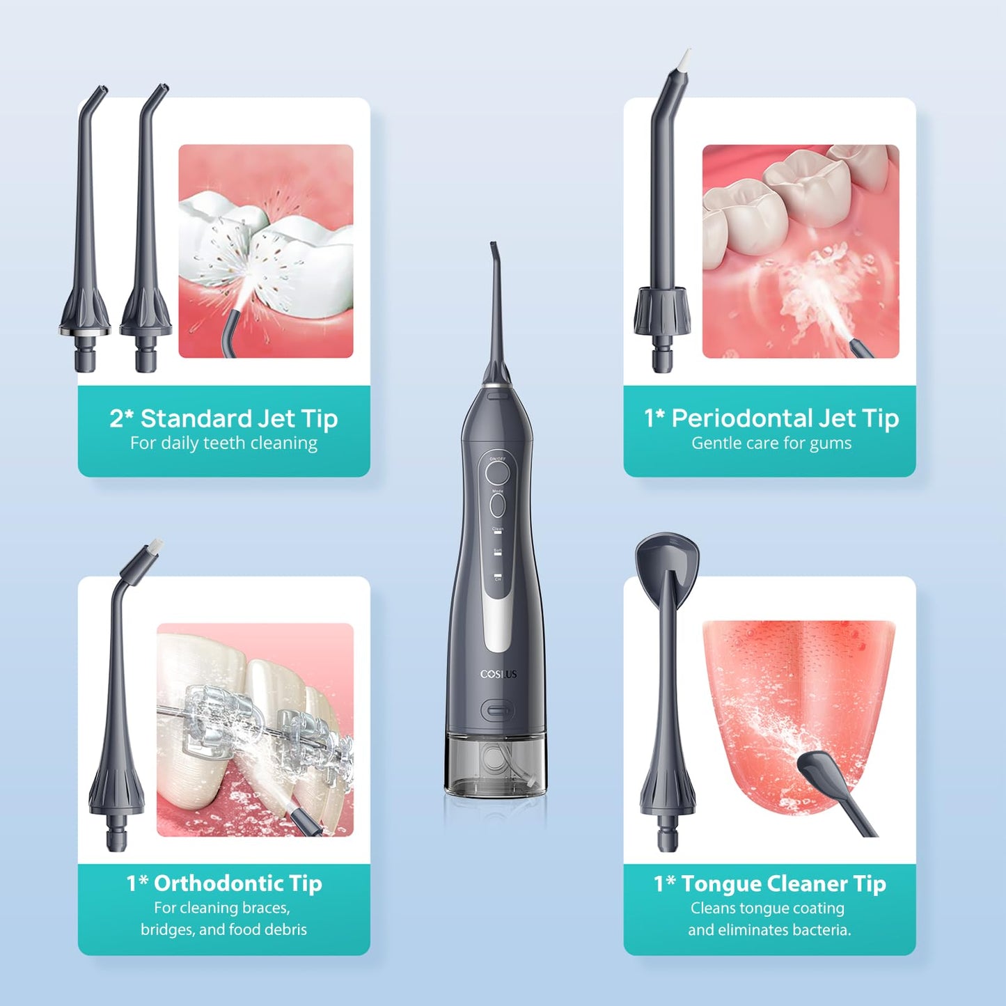 COSLUS Water Dental Flosser Teeth Pick C20: ADA Accepted, Portable Cordless Oral Irrigator 300ML Rechargeable Travel Irrigation Cleaner IPX7 Waterproof Electric Flossing Machine for Teeth, Grey