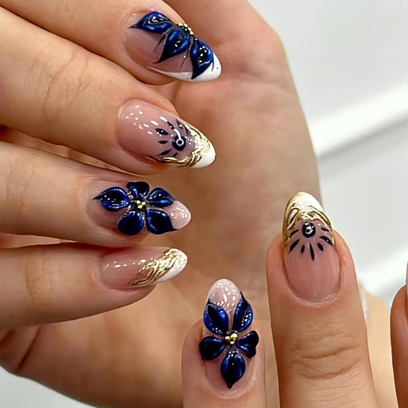 Blue Floral Press-On Nails - Almond Shape Chrome Gold French Tip | 24 Pcs Full Cover Acrylic for Weddings & Daily DIY Nail Art