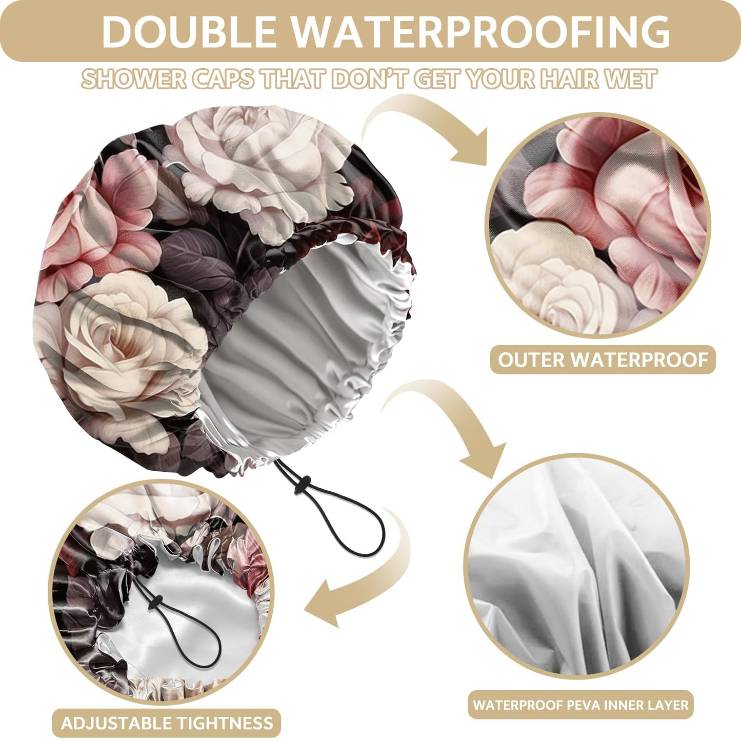 Zewurtuw Shower Cap Adjustable Waterproof Double Layer Elastic Reusable Hair Bath Cap Cute Aesthetic for Women Girls-Rose