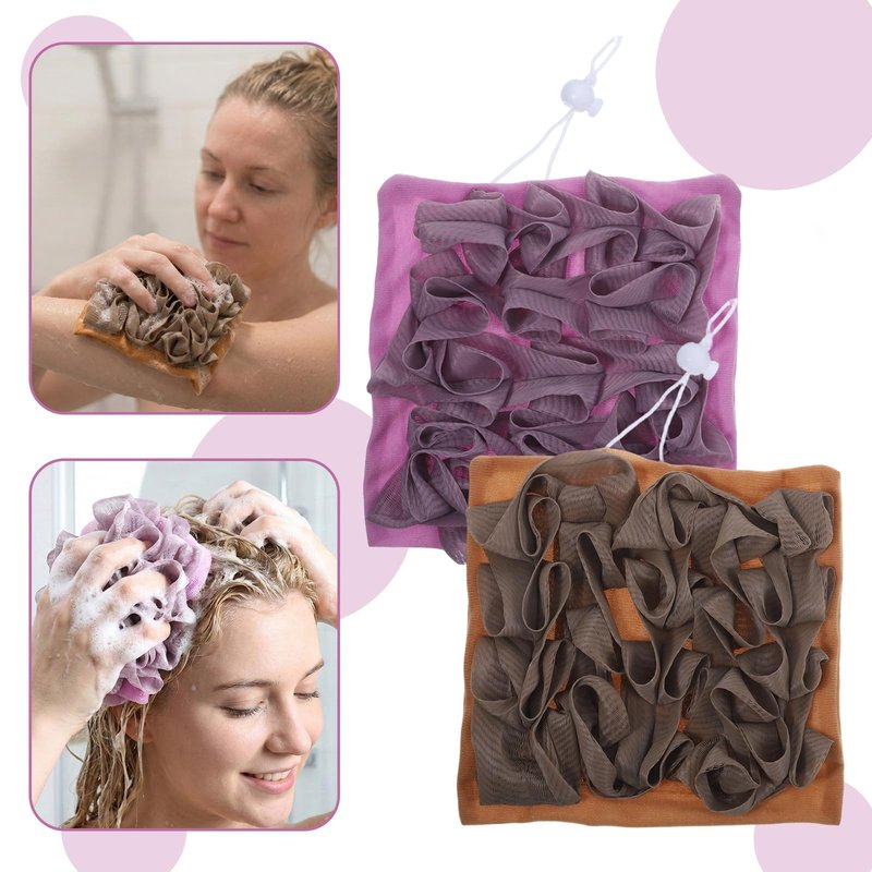 ElevateTech Soap Bar Loofah, 2 Pcs 2 in 1 Loofah Washcloth Combo Exfoliating Bath Sponges with Drawstring Bar Soap Saver Pouch Body Scrubber Mesh Shower Ball for Bathing Smoothing Skin (Purple, Brown)