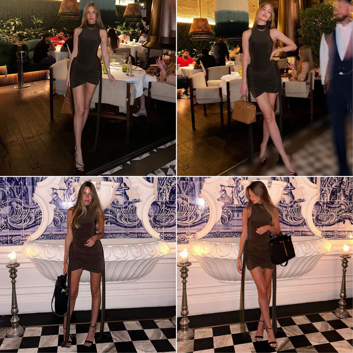 Suillty Women's Sexy Turtleneck Sleeveless Mini Dress Bodycon Ribbon Ruched Bandage Tank Dress for Party Club Brown