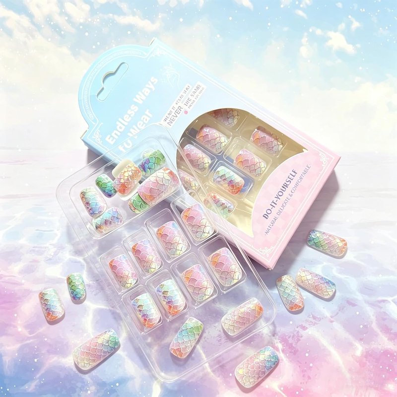 Mermaid Press-On Nails - Short Square Gradient Colorful Fake Nails with 3D Fish Scales | 24Pcs Glossy Reusable Summer Vacation Manicure