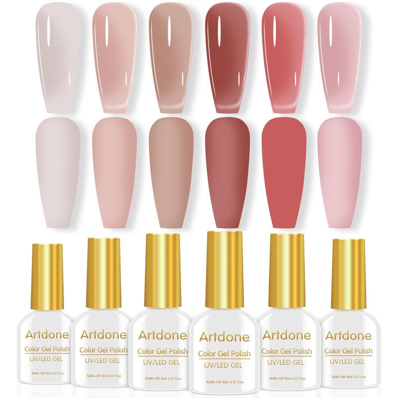 Artdone Sheer Gel Nail Polish Set Jelly UV Gel 6 Colors Translucent Milky White Pink Nude Brown Colors Nail Polish For All Seasons Neutral Soak off LED Lamp Gel Manicure Kit For Nail Art