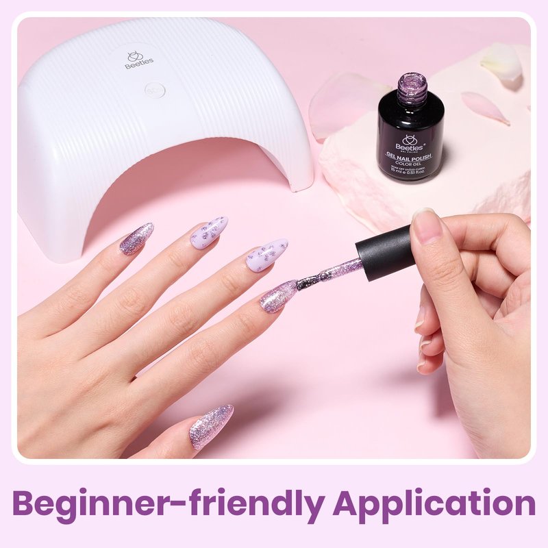Beetles Purple Gel Nail Polish – 15ml Purple Glitter Gel Polish Soak Off UV LED Shimmer Rose Quartz Glow Color Nail Art Long Lasting Glossy Salon and DIY Nail Manicure Spring Gift for Women