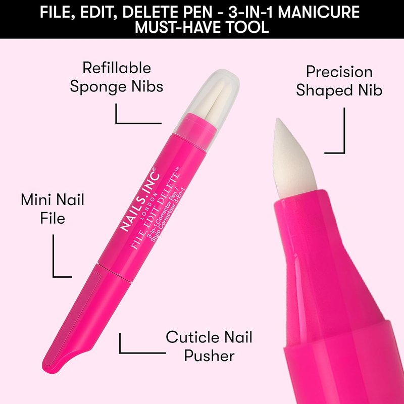 Nails Inc 3-in-1 Nail Corrector Pen - Precision Tip Cuticle Pusher & Polish Remover | Easy Cleanup, 0.13 FL