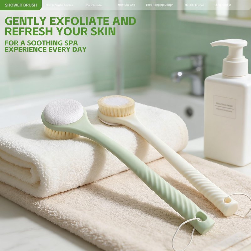 CYMPHW Back Scrubber for Shower with Long Handle, Dual-Sided Bath Brush with Soft Bristles & 150D Exfoliating Cloth, Anti-Slip Grip, Lightweight Back Washer for Shower, Men & Women (Light Yellow)