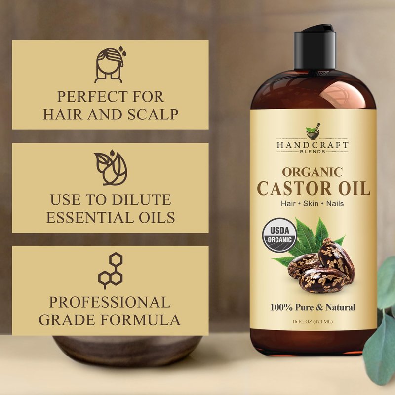 Handcraft Blends Organic Castor Oil 16 Fl Oz | 100% Pure and Natural | Premium Grade Carrier Oil | Hair, Eyelashes and Eyebrows | Hair and Body | Expeller-Pressed | Hexane-Free